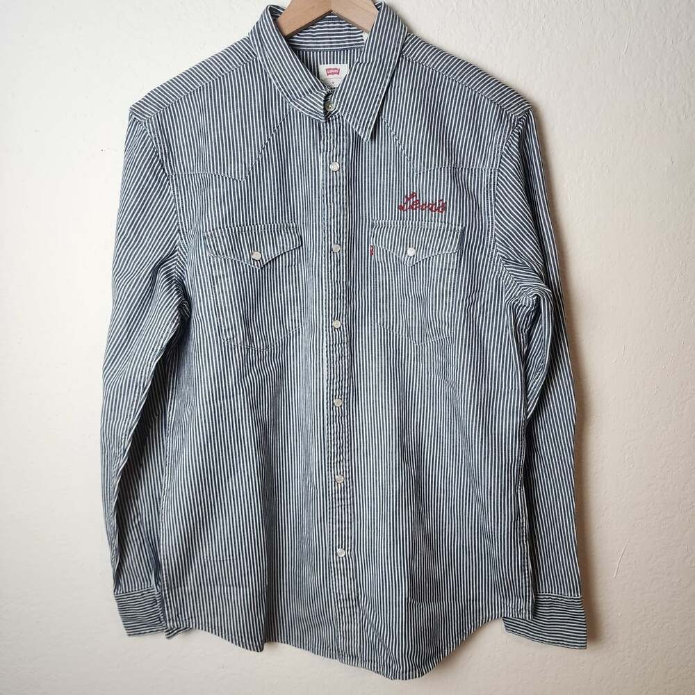 Levi's Western Shirt Mens Medium Blue Stripe Denim Standard Fit Snap Button Up